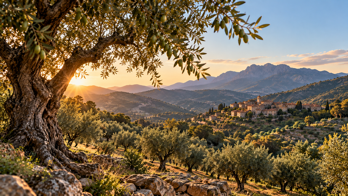 Village de Kabylie entouré d’oliviers au coucher du soleil