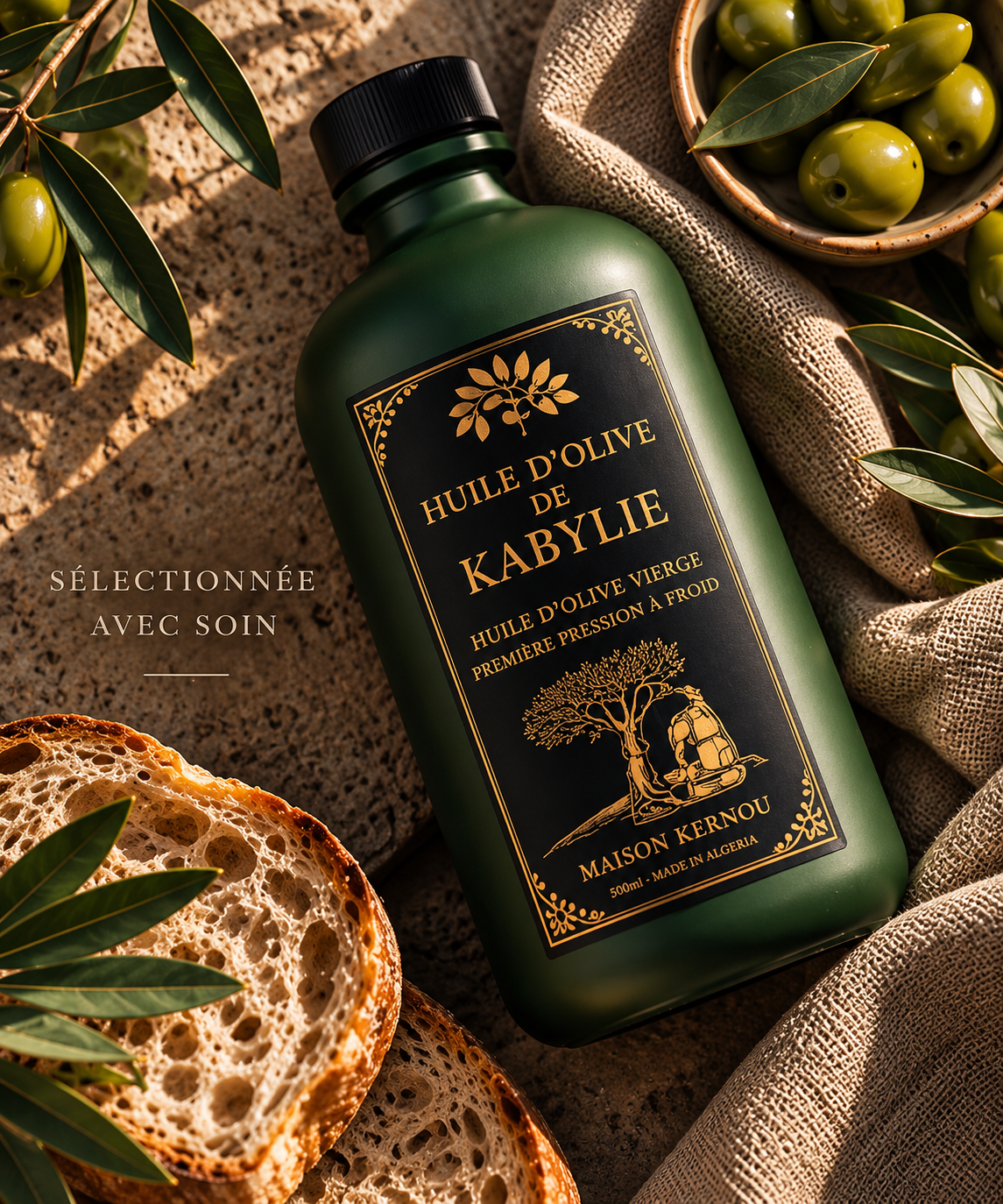 Bouteille d'huile d'olive de Kabylie dans un décor méditerranéen
