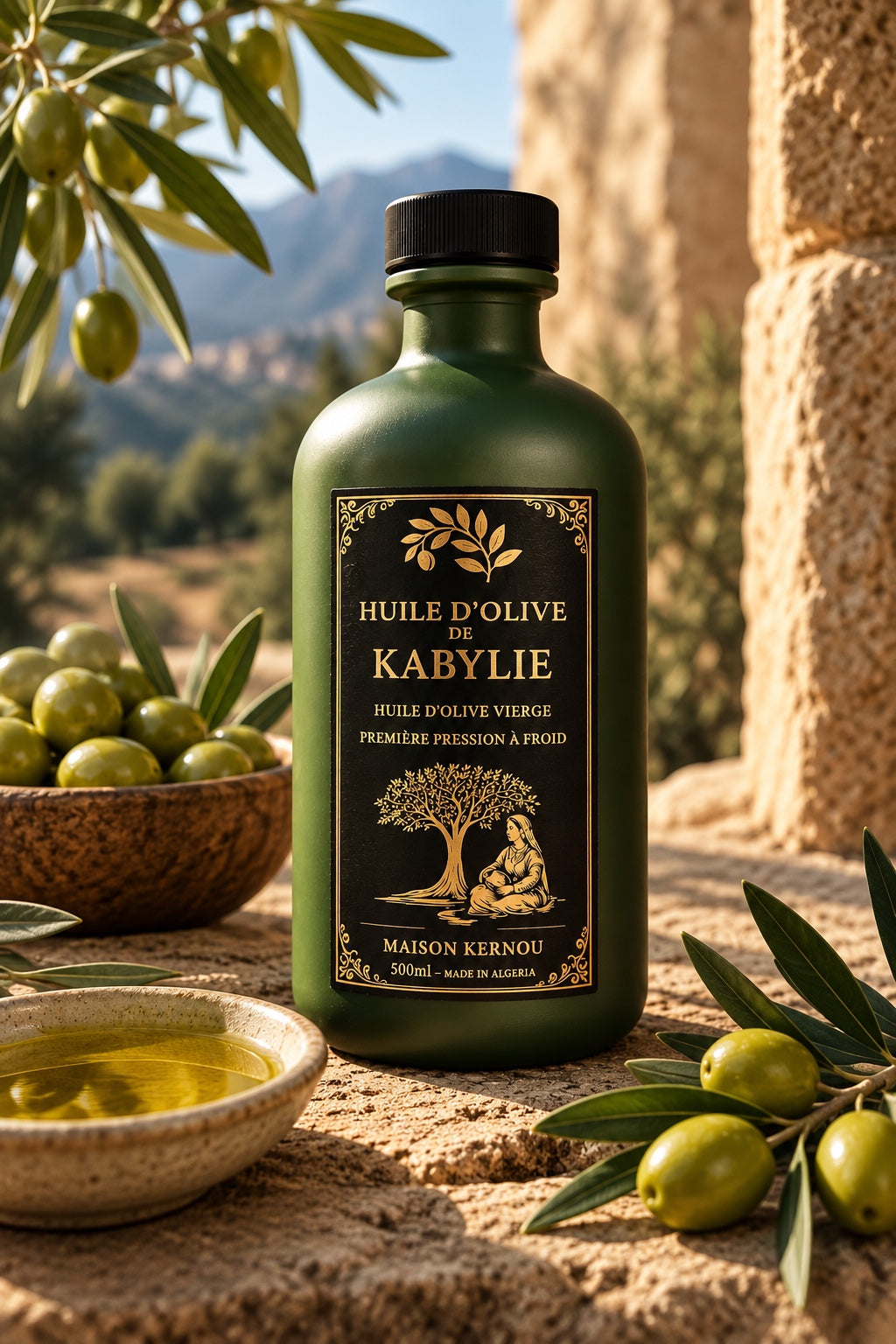 Bouteille d'huile d'olive vierge de Kabylie 50 cl devant les montagnes de Kabylie