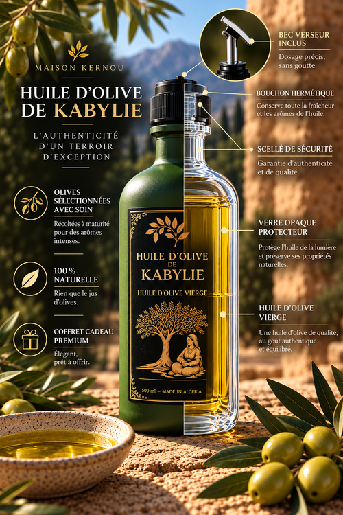 Huile d'olive vierge de Kabylie 500 ml – bouteille verte, bec verseur inclus, scellé de sécurité, coffret cadeau premium