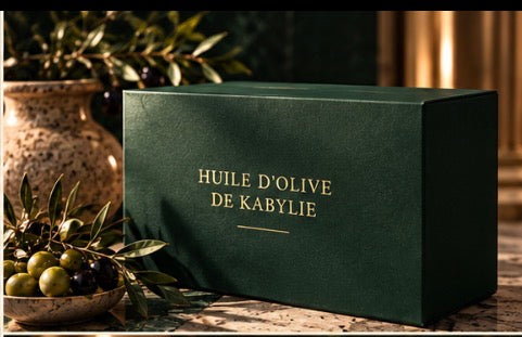 Coffret cadeau vert et or Huile d'olive de Kabylie, fermé