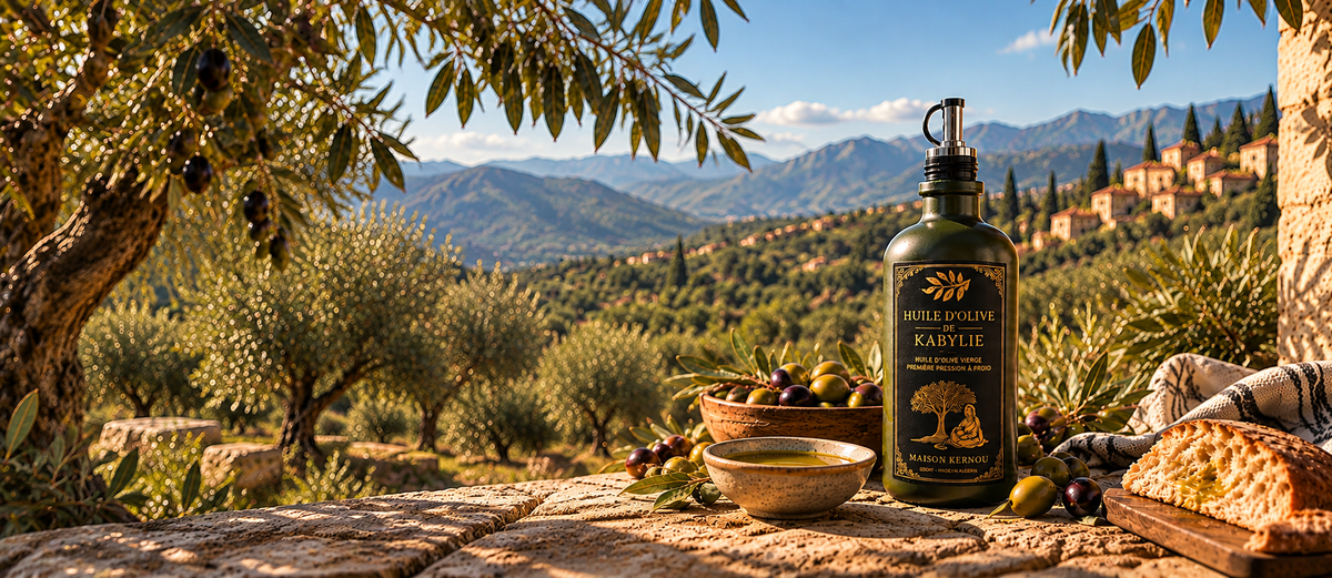 Bouteille d'huile d'olive de Kabylie devant les oliviers et les montagnes de Kabylie